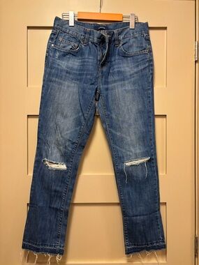WAVEN Slim Boyfriend Fit Dark Wash Distressed Raw Hem Ankle Straight Mid Rise 26
